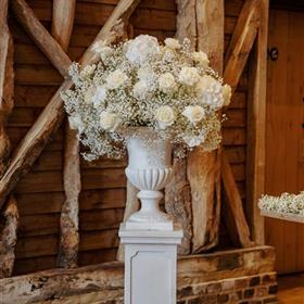 fwthumbWhite gyp flower urns for The Barn at Redcoats wedding ceremony.jpg